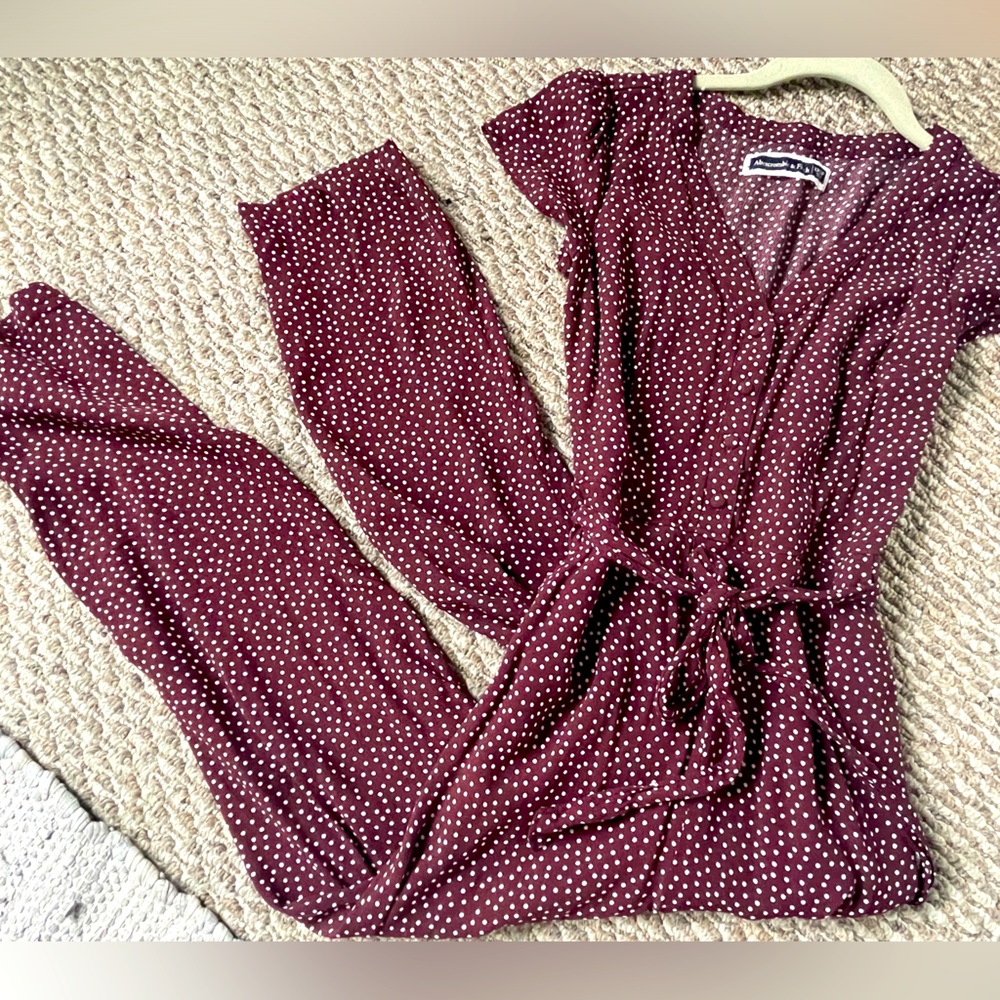 Maroon jumpsuit with white polka dots from Abercrombie & Fitch